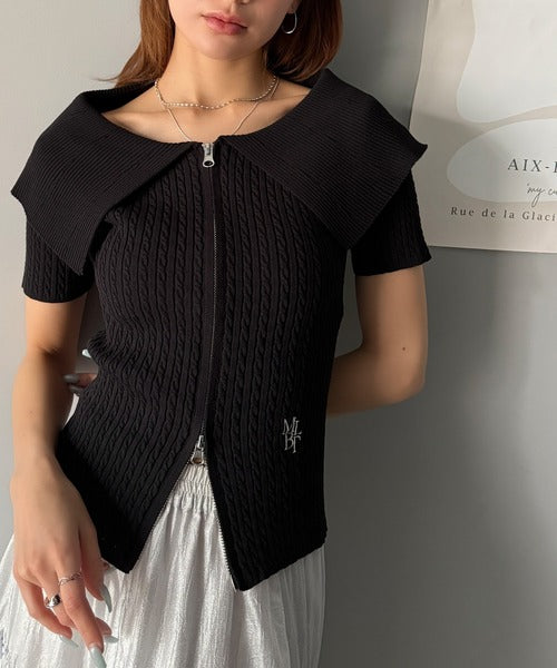 【mily bilet】抜け感レディースタイル。ロゴ刺繍オフショル２WAYダブルジップケーブル柄サマーニット（半袖） mi1029121