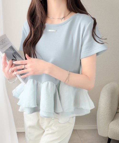 【mily bilet】可憐に揺れて、ときめきを纏う♪前後2wayペプラム切替フリルデザインTシャツ（半袖） mi1019140