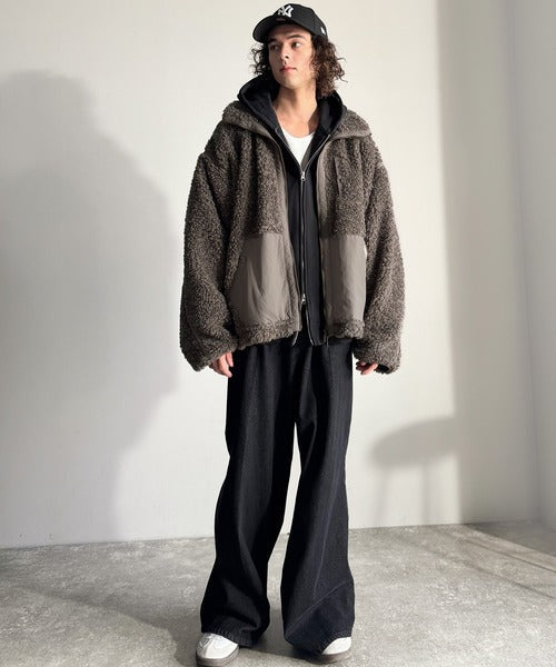 《JaVaジャバコラボ》ぬくぬく愛らしい◎プードルボア×ナイロン異素材切替フライトジャケット jv1265031
