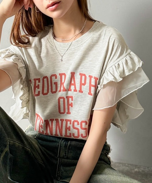 【mily bilet】可愛さふわり2倍増し！ ダブルフリル袖カレッジライクロゴゆるTシャツ mi1329036