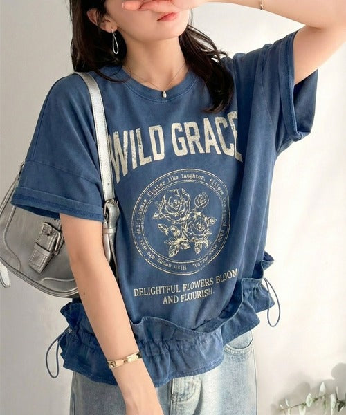【mily bilet】甘辛バランスが叶う！綿100％ゆるシルエット裾ドロストフリルプリントTシャツ mi1329075