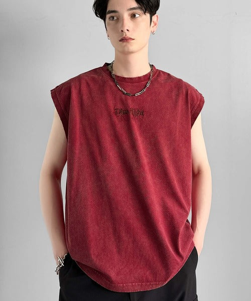 「1枚で主役。」紐刺繍スノーウォッシュ加工ノースリーブTシャツ／String Embroidery Snow-Washed Sleeveless T-Shirt co1150032