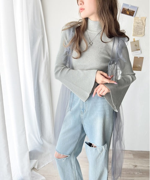 大人かわいいが実現できる。袖フレアハイネックニットプルオーバー（袖配色・無地・ボーダー） ce1050237