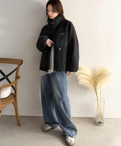 《JaVaジャバコラボ》暖かく包み込む、私のもこもこちゃん♪異素材MIXボア×ナイロン切替スタンドカラージャケット jv1240139