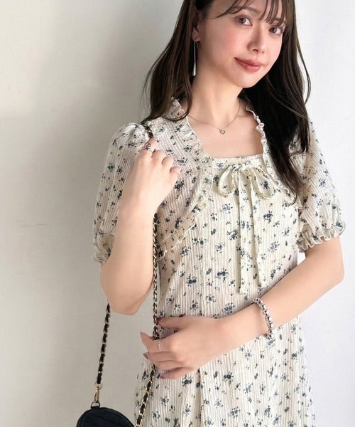 【mily bilet】ボレロ見えレイヤードでスタイルアップ。リボン付き パフスリーブドッキングワンピース (ロング丈) mi1019131