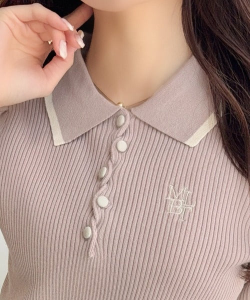 【mily bilet】配色×くすみカラーで魅せる、ずるい清楚さ。配色ラインポロニット (半袖) mi1359044