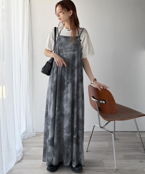 そよ風シフォン♪ふわり柔らかシルエットで“涼”を着回す。前後2wayチュールレイヤードロングキャミワンピース（ブラック＆マーブル柄） ce1240090