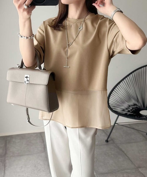 春夏に涼しさ引き立てる透け感が◎裾シアー切り替えライトダンボール半袖Tシャツ ce1110116
