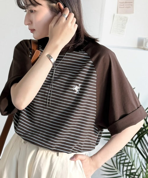 《JaVaジャバコラボ》お洒落迷子の救世主。綿100％胸刺繍ラグラン配色ボーダーTシャツ jv1260558