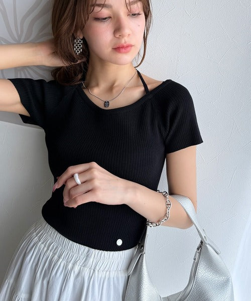 【mily bilet】お洒落この夏さらっと着れる♪チョーカーリボン紐付きサマーニットトップス(半袖) mi1029110