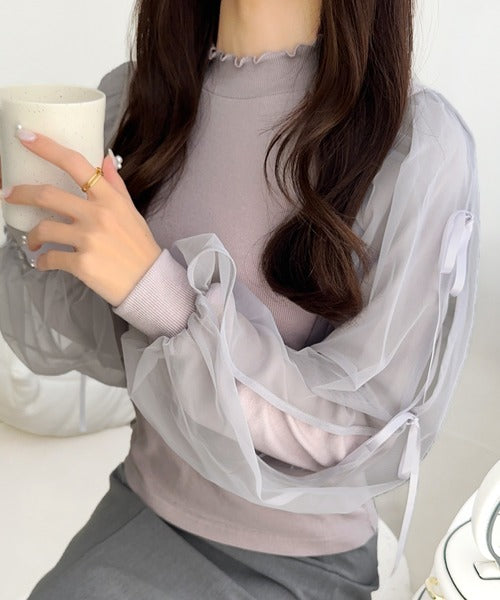 【mily bilet】大人可愛いふんわりスリーブが魅力♪サイドスリットリボンチュール重ねニットソー（長袖） mi1359005