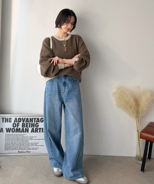 《JaVaジャバコラボ》ふっくら、袖たっぽり。ワッフル編みヘンリーネックオーバーサイズ配色ニット jv1350022