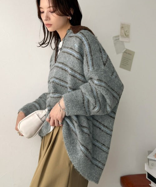メンズライクに女子っぽさを。胸刺繍ブークレ配色ボーダーニットポロ（長袖） ce1240142