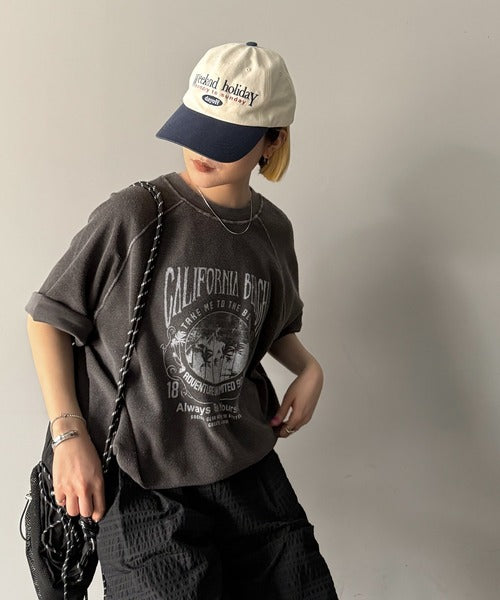 《JaVaジャバコラボ》こなれ感叶う大人のゆるスタイル。裏使いヴィンテージライクピグメントプリント半袖スウェット(トップス) jv1029122