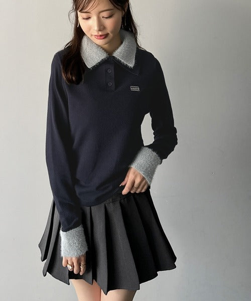 【mily bilet】上品とカジュアルを叶える、大人コーデが即完成。ファー使いダブル襟ロゴプレートニットポロ(長袖) mi1029150