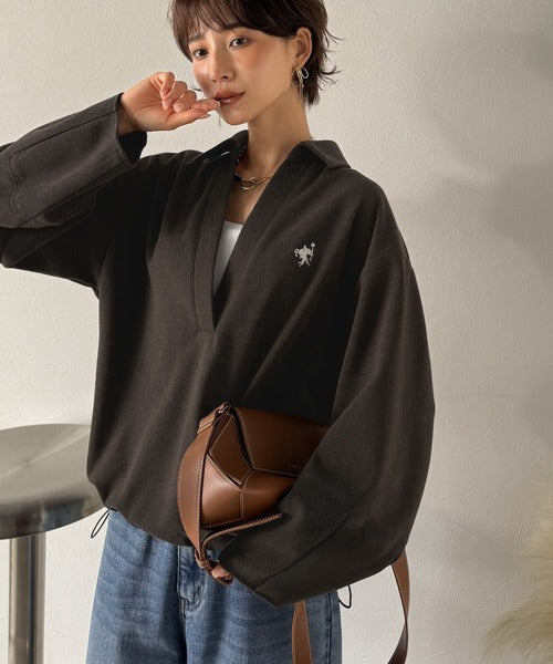 【Classical Evon】優しい温もり、上品見え。圧縮ニット襟付きキーネックプルオーバー ev1110143
