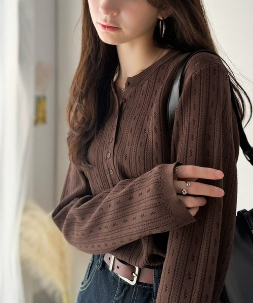 透かし柄にひと目惚れ♪大人フェミニン、アイレット柄ヘンリーネックニット (長袖) ce1020405