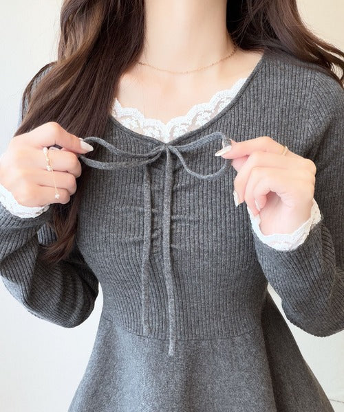【mily bilet】甘さをひとさじ、華やぐ大人ガーリー。レースレイヤード風ギャザーリボンペプラムニット（長袖） mi1359060