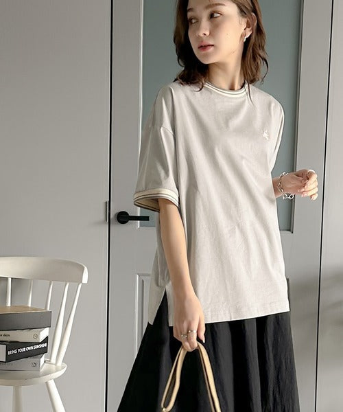 《JaVa ジャバコラボ》大人スポーティー。綿100%シルケット 配色刺繍Tシャツ jv1050074