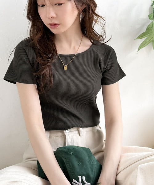 毎日にちょうどいい、きれいめRIB。ラグラン×リブで叶える、すっきり美シルエット！クルーネックラグランRIBトップス(半袖） ce1260618