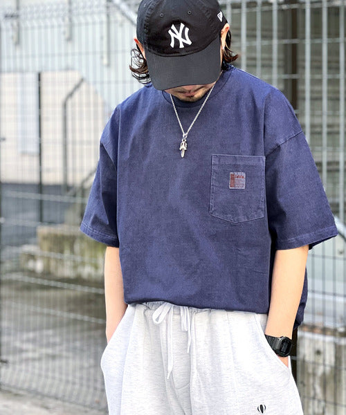 《JaVa ジャバコラボ》古着風ストリートMIX。綿100%ヘヴィーウエイト胸ポケピグメントTシャツ jv1029020