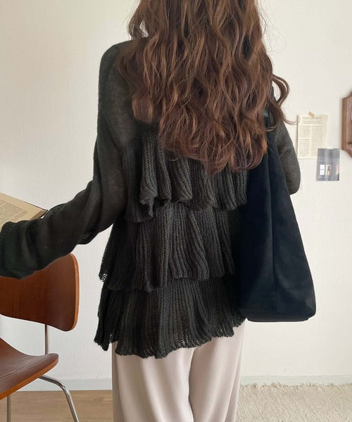 ふんわり大人フェミニン♪ティアードフリルモヘアタッチメッシュ編みニット（長袖） ce1260477