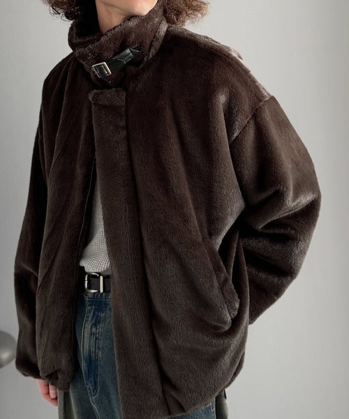 【Classical Origin】「3wayアレンジ可能。」ベルト襟フェイクファー素材ジャケット／Belted Collar Faux Fur Jacket co1150080