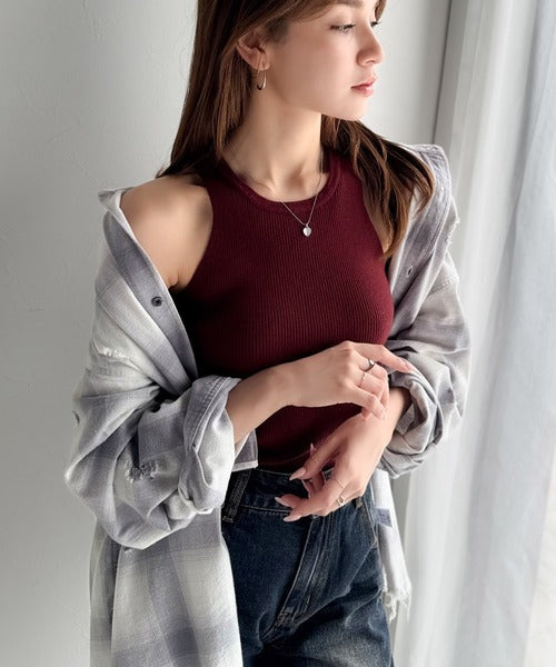 【mily bilet】洗練されたレイヤードスタイル！プレート使い異素材ニットレイヤードオフショル見せアンサンブルニット mi1029143
