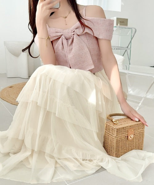 【mily bilet】一枚に大人可愛いを凝縮。リボンデザイントップス×チュールスカートドッキングキャミワンピース (ロング丈) mi1139113