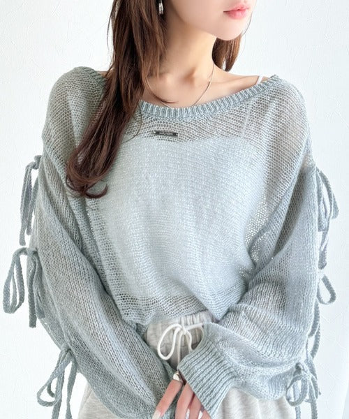 【mily bilet】大人のきらめき。プレートデザイン透かし編み袖リボンラメニット(ワンオフショル2way) mi1259009
