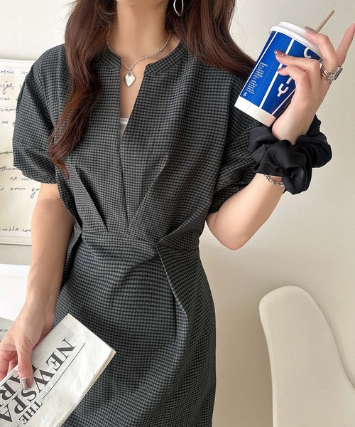 【UVカット・防シワ・吸水速乾機能付き】涼しさも美しさも、さらっと叶える。サッカーランタンスリーブステッチタックワンピース（無地・チェック柄） ce1265039