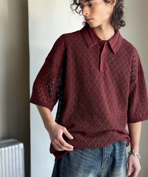 「透け感、モードの余韻。」衿ダブルライン使いレース柄ニットポロシャツ/Lace Detail Knit Polo Shirt co1010010