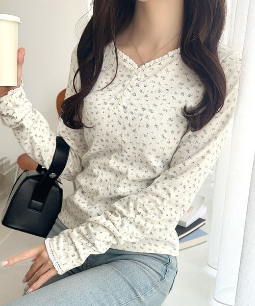 【mily bilet】華やかさと可愛さを1枚で。花柄レース使い袖ギャザーヘンリーカットソー mi1019106