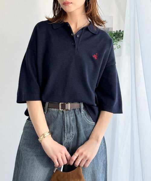 抜け感のあるゆったりシルエット。胸刺繍で上品さをプラス♪胸刺繍ルーズポロニットプルオーバー(半袖) ce1240115