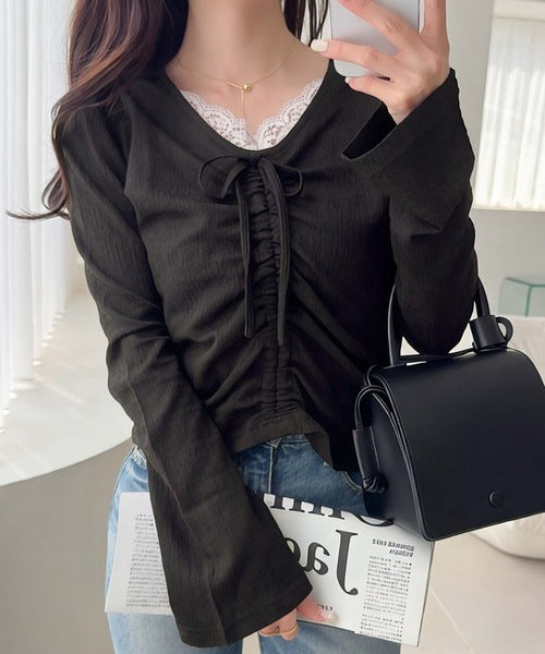 【mily bilet】レース×シャーリングで、甘さをひとさじ。レースドッキングパフスリーブジャガードトップス（長袖） mi1359080