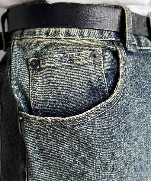 【Classical Origin】「スタイル盛れる。」ブラスト＆裾フリンジ加工ストレッチ素材スリムフレアデニムパンツ／Blasted & Fringed Stretch Slim Flare Denim Pants co0900008
