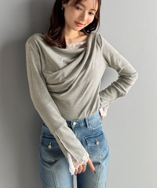 【mily bilet】「ちら見え」が可愛い♪レース切替え胸元ドレープフレアスリーブプルオーバー（長袖） mi1359019