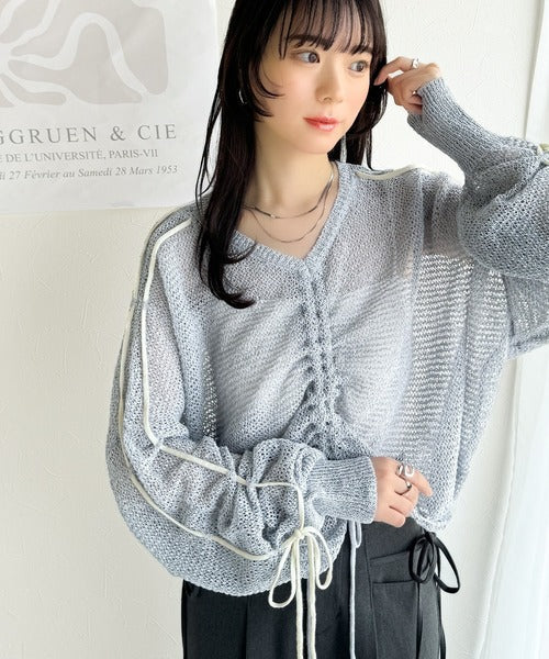 【mily bilet】ルーズな愛らしさで魅了する。透かし編みギャザー仕様リボンプルオーバー（長袖） mi1029102