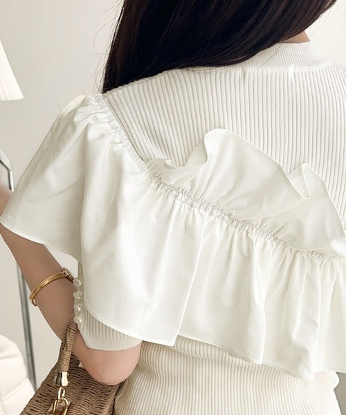 【mily bilet】大人の華やかな旬スタイル。パールボタンフリル使いサマーニット（半袖） mi1139080