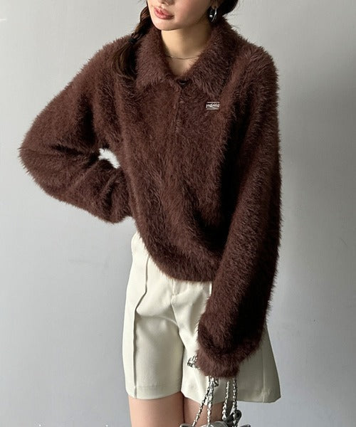 【mily bilet】カジュアルな大人ふんわり。メタルプレート使いフェザーシャギーポロニット（長袖） mi1029134