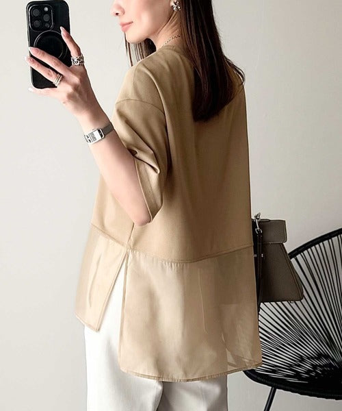 春夏に涼しさ引き立てる透け感が◎裾シアー切り替えライトダンボール半袖Tシャツ ce1110116
