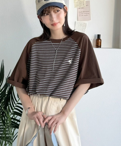 《JaVaジャバコラボ》お洒落迷子の救世主。綿100％胸刺繍ラグラン配色ボーダーTシャツ jv1260558
