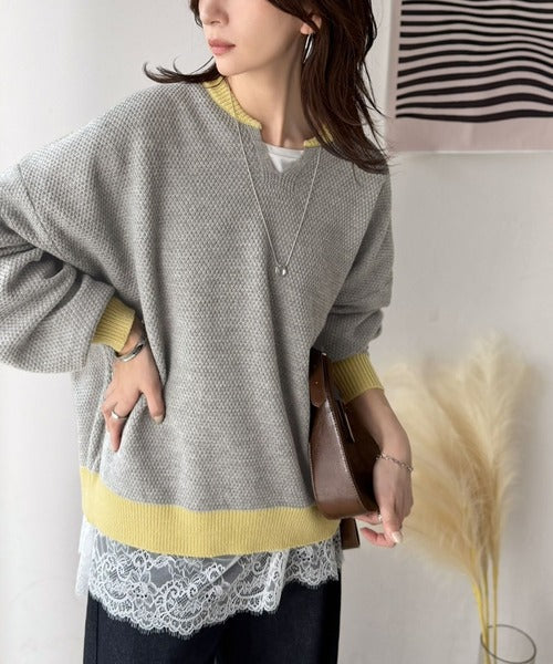 《JaVaジャバコラボ》ざっくり×配色が旬顔。配色スキッパーオーバーサイズ鹿の子編みニット（長袖） jv1410040