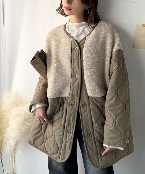 《JaVaジャバコラボ》軽くて暖かい、旬顔ボア切替♪ノーカラーひょうたんキルティングコート jv1240103