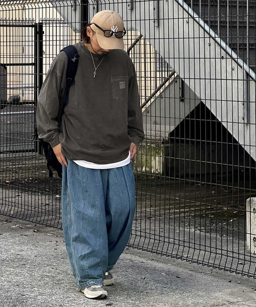 《JaVaジャバ コラボ》綿100％ピグメント加工ポケット付きロングTee jv1029002