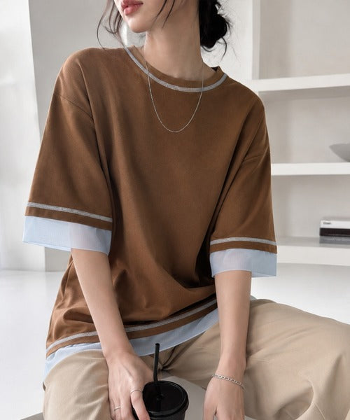 《JaVa ジャバコラボ》異素材ミックスで魅せる、大人のこなれ感。チュールドッキング配色ステッチトップス（半袖） jv1330094