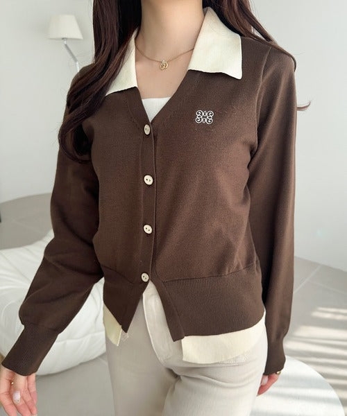【mily bilet】着るだけ完成、コーデ迷子にさよなら♪胸刺繍ダブルカラーレイヤードニットカーディガン（長袖） mi1359021