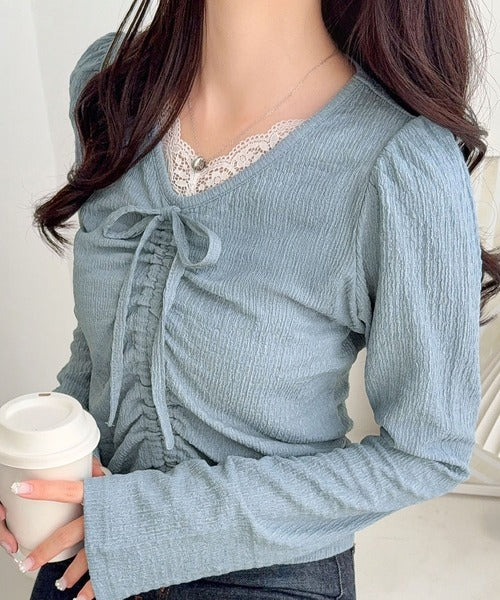 【mily bilet】レース×シャーリングで、甘さをひとさじ。レースドッキングパフスリーブジャガードトップス（長袖） mi1359080