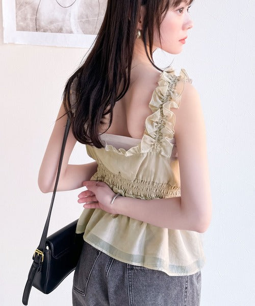 【mily bilet】愛され大人フェミニン。リボン使いフリルオーガンジービスチェキャミソール mi1019072
