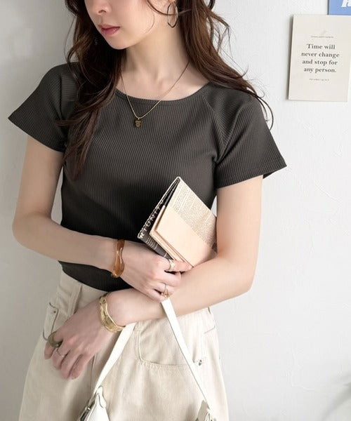 毎日にちょうどいい、きれいめRIB。ラグラン×リブで叶える、すっきり美シルエット！クルーネックラグランRIBトップス(半袖） ce1260618